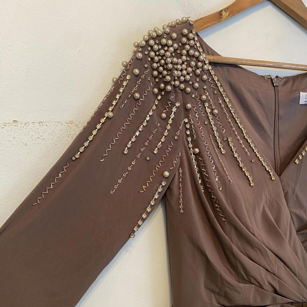 IEENA MAC DUGGAL taupe jersey faux wrap beaded maxi formal dress sz 6 - Picture 5 of 6